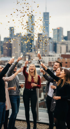 Happy friends toast with champagne at a rooftop party. Golden confetti falls against the city skyline, creating a celebratory mood. Perfect for success concepts and corporate events.の素材