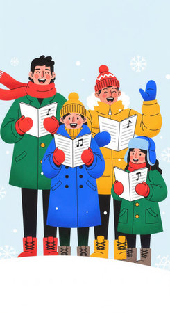 Illustration of a happy family singing Christmas carols in the snow. Joyful characters celebrate a holiday tradition. Perfect for greeting cards, event posters, and festive designs.の素材