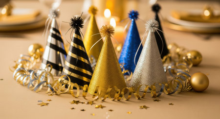 Colorful party hats with streamers and confetti on a decorated table. An elegant setting creates a festive atmosphere for a New Years Eve celebration. Perfect for party invitations and event blogs.の素材