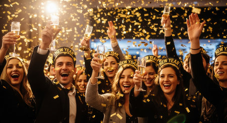 Excited friends in New Year headbands toast with champagne under golden confetti. This energetic photo captures the joy of a midnight party, perfect for holiday event promotions or greetings.の素材