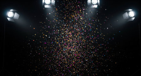 Colorful confetti falling through bright spotlights on a dark stage. This dramatic image captures the excitement of a grand finale, perfect for celebrating a victory, party, or major event.の素材