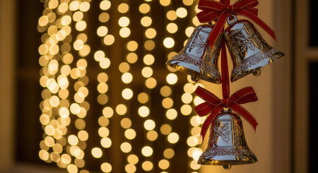 Hanging silver Christmas bells with red ribbons on a warm golden bokeh background. Elegant decoration concept for holiday greeting cards, winter celebration banners, or festive design.の素材
