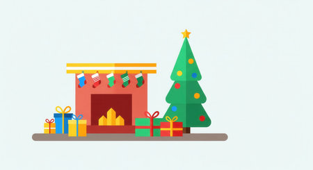 Christmas tree next to a fireplace with stockings and gifts. A simple and modern flat design illustration for a festive holiday greeting card or banner.の素材
