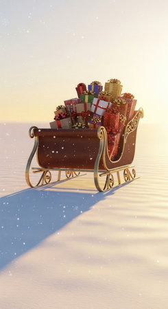 Santa's sleigh full of Christmas gifts in the snow. Magical winter scene with warm sunrise light. Perfect for vertical holiday cards, posters, and mobile wallpapers.の素材