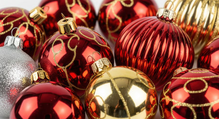 Close-up of red, gold, and silver Christmas baubles. A collection of festive holiday decorations with glitter and shiny textures. Ideal for seasonal backgrounds, greeting cards, and banners.の素材