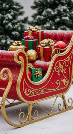 Ornate red and gold Santa's sleigh filled with gifts during a gentle snowfall. Luxurious holiday concept ideal for festive greeting cards, seasonal promotions, or elegant winter design.の素材
