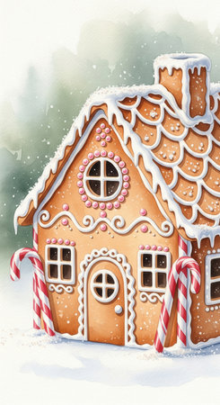 Watercolor of a gingerbread house in the snow. A magical fairytale cottage with icing and candy decorations. Ideal for vertical Christmas cards, posters, and holiday culinary art.の素材