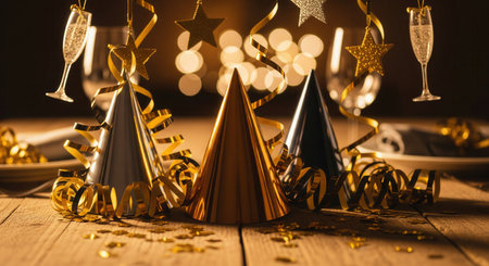 Festive table set for a New Year party with gold hats and streamers. Elegant and warm atmosphere with bokeh lights. Perfect for holiday invitations and sophisticated celebration concepts.の素材