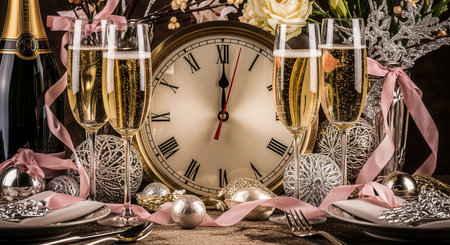 Elegant New Year's Eve table setting with champagne and a clock about to strike midnight. Luxurious and romantic atmosphere for a celebration. Ideal for party invitations and festive concepts.の素材