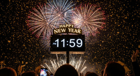 A clock counts down to midnight at a New Year's Eve celebration. A crowd cheers under exploding fireworks and falling confetti, creating a festive scene perfect for holiday events.の素材