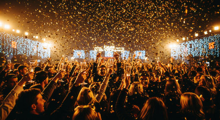 Large crowd of people toasting with champagne under a shower of golden confetti. The energetic and joyful atmosphere is perfect for promoting New Year's Eve events, concerts, or parties.の素材