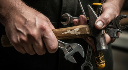 Close up of a worker's strong, called hands holding various vintage tools. A powerful concept of manual labor, craftsmanship, skill and experience. For industry or repair themes.の素材