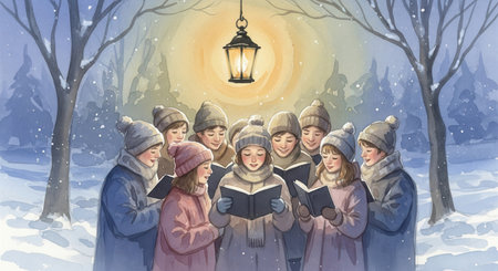 Watercolor illustration of children singing Christmas carols in a snowy forest. A warm lantern creates a magical, nostalgic atmosphere. Perfect for holiday greeting cards or book covers.の素材