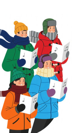 Group of carolers in winter clothes singing christmas songs. Cheerful, festive illustration of a holiday tradition. Perfect for greeting cards, posters or community event designs.の素材