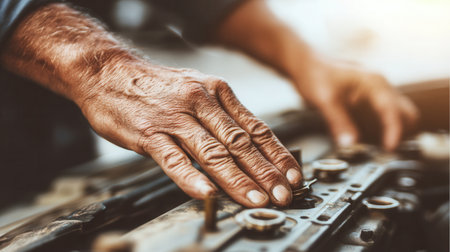 Close up of a senior mechanic's weathered hands working on a car engine. Concept of experience, manual labor, skill and expertise. For automotive services or craftsmanship themes.の素材
