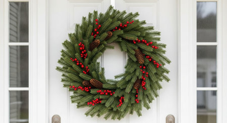 A traditional Christmas wreath with red berries and pinecones on a white front door. This festive decoration creates a welcoming holiday spirit, perfect for seasonal greetings or home decor.の素材