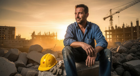 Construction worker resting on rubble at a building site against a sunset sky. Portrait of a builder feeling satisfied after a day's work. Use for real estate or labor concepts.の素材
