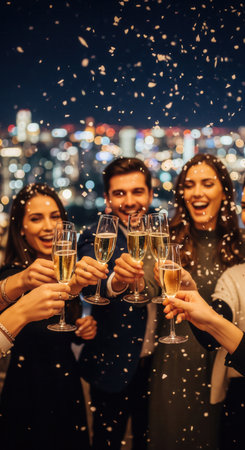 Group of happy friends toasting with champagne glasses at a night party with confetti. Joyful atmosphere against a city skyline. For new year, success or special occasion concepts.の素材