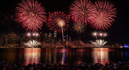 Spectacular red fireworks explode over the Lower Manhattan skyline. Concept of a public holiday celebration. For news coverage, tourism, and festive editorial content.の素材