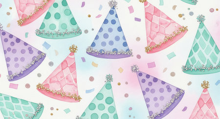 A seamless pattern of watercolor party hats in pastel colors with glitter details. Hand-painted for a whimsical and celebratory feel. Perfect for birthday invitations and baby shower cards.の素材