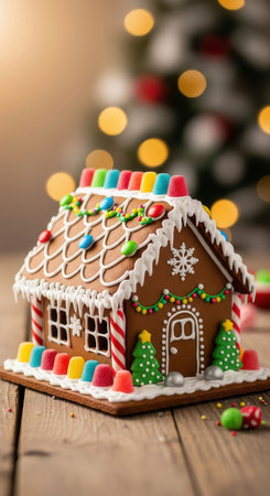 A beautifully decorated homemade gingerbread house with candy and icing. The warm bokeh lights of a Christmas tree in the background create a magical and festive holiday atmosphere.の素材
