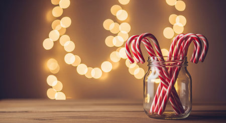 Christmas candy canes in a glass jar on a wooden surface. Warm bokeh lights in the background create a cozy and magical holiday atmosphere, perfect for festive greeting cards.の素材