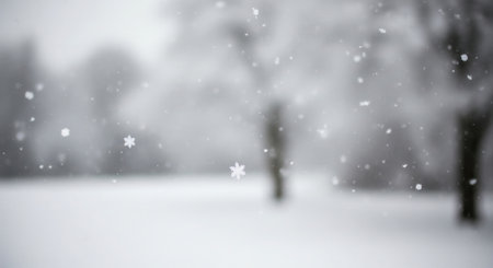 Close-up of falling snowflakes with a blurred winter park background. Peaceful, serene, and cold atmosphere. Concept for seasonal greetings, weather content, or as a tranquil background.の素材