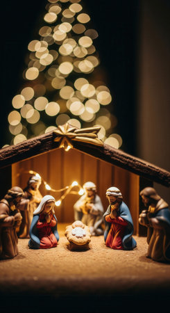 A miniature Christmas nativity scene with figurines of the Holy Family. The warm lights and bokeh background create a magical, spiritual atmosphere, perfect for religious holiday greetings.の素材