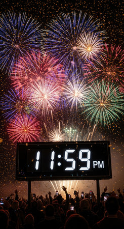 A digital clock shows 11:59 PM as a crowd watches a spectacular fireworks display. The scene captures the final moment of anticipation before the New Year. For news, events, and festive content.の素材