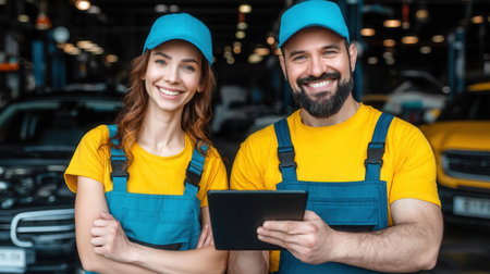 Two mechanics, man and woman, smiling in a garage. Professional team using a tablet for car diagnostics and service. Ideal for auto repair, maintenance, and insurance business concepts.の素材