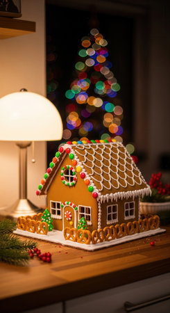 A decorated gingerbread house on a table at night. The cozy scene with a Christmas tree in the background is perfect for holiday cards and seasonal content.の素材