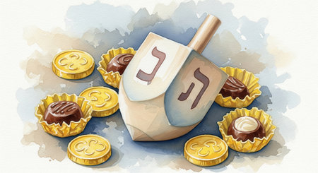 Watercolor illustration of a Hanukkah dreidel with chocolate gelt and sweets. The painting has a soft artistic feel, perfect for a traditional holiday mood. Ideal for greeting cards or articles.の素材