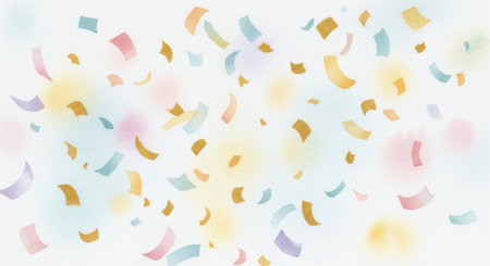 Hand-painted background with falling pastel and gold confetti. The soft watercolor style creates a gentle, celebratory mood. Use for birthday cards, baby shower invites, or party decor.の素材