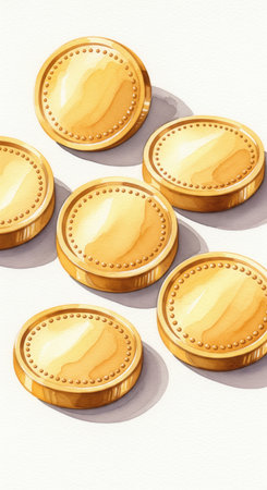 Six golden chocolate gelt coins painted in a watercolor style on a white background. Artistic illustration, symbolizing wealth and tradition for the Hanukkah holiday. Use for cards or posters.の素材
