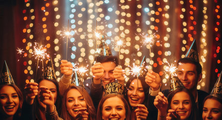 A group of happy friends in party hats celebrates New Year's Eve with sparklers. A joyful party scene with a warm, festive atmosphere and bokeh lights. Perfect for holiday greetings.の素材