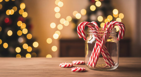 A glass jar of candy canes on a table with a blurry Christmas tree in the background. This scene evokes a warm, festive holiday mood. Ideal for seasonal greetings, ads, or winter blogs.の素材