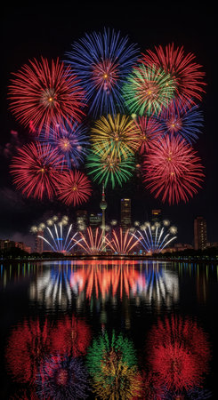 Spectacular fireworks display over a city skyline at night, with beautiful reflections in the water. A vibrant scene for a New Year's Eve or holiday celebration. Perfect for event posters and festiveの素材