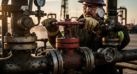 An oilfield worker in a hard hat and gloves turns a valve on a pipeline. A concept of the oil and gas industry, energy production, and skilled industrial labor at a refinery or extraction site.の素材