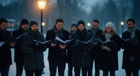 A choir sings carols from songbooks under a streetlamp during a winter snowfall. This atmospheric scene captures a classic holiday tradition. For community events, greeting cards, or festive musicの素材