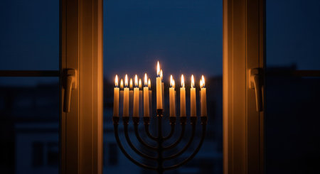 A menorah with nine lit candles for the final night of Hanukkah, placed in a window at dusk. A traditional Jewish symbol of faith and the miracle of the Festival of Lights.の素材
