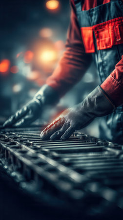 Close-up of a factory worker's hands in gloves on a metal grid. The industrial setting conveys a powerful manufacturing mood. Ideal for metallurgy or heavy industry concepts.の素材