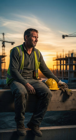 Portrait of a happy construction worker resting on a building site during sunset. The image conveys pride and satisfaction in manual labor. Perfect for industry or employment concepts.の素材