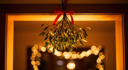 Mistletoe with a red ribbon hanging in a doorway at night. This cozy scene with bokeh lights evokes romance and tradition. Perfect for holiday greeting cards or festive party invitations.の素材