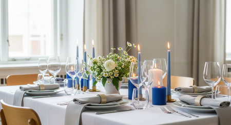 A beautifully arranged dining table with blue candles, white flowers, and gray napkins. The scene is elegant and inviting, perfect for weddings, fine dining promotions, or holiday celebrations.の素材