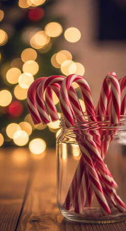 A glass jar of candy canes on a wood table. A blurred Christmas tree with warm bokeh lights creates a cozy, festive mood. Ideal for holiday cards, seasonal ads, winter blogs, and festive decor.の素材