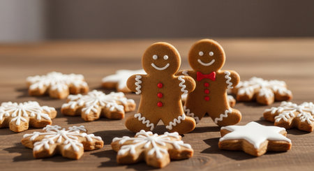 Two gingerbread man cookies standing among decorated snowflake cookies on a wooden table. Homemade holiday baking scene. Perfect for festive recipes and Christmas food blogs.の素材
