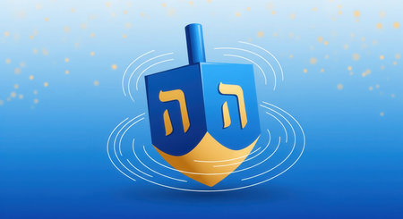 A blue and gold Hanukkah dreidel spinning on a festive background with bokeh lights. Dynamic illustration for the Jewish holiday celebration. Great for social media, ads, or greetings.の素材