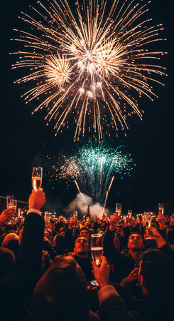 A large crowd of people raises glasses of champagne in a toast to celebrate New Year's Eve under a spectacular fireworks display. A concept of a public party and holiday festival.の素材