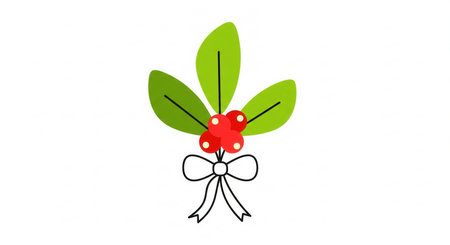 Simple Christmas holly with red berries and a bow, isolated on white. A minimalist festive icon for holiday decoration. Perfect for greeting cards, gift tags, and modern winter design.の素材
