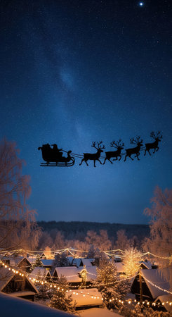 Santa's sleigh silhouette flies across a starry night sky above a cozy, snow-covered village with festive lights. A magical, peaceful scene for holiday greetings, cards, and seasonal promotions.の素材